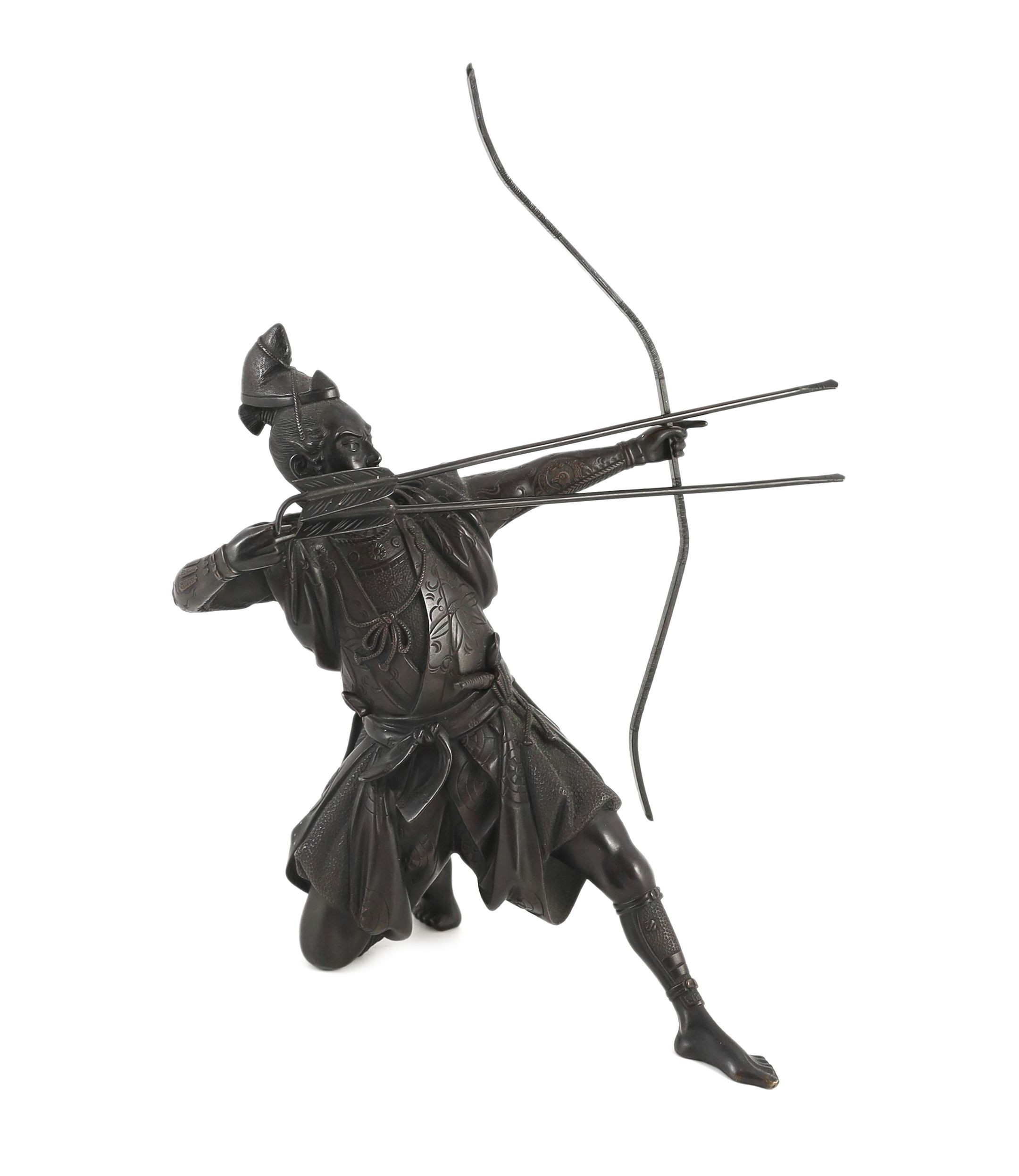 A Japanese bronze figure of a kneeling archer, Meiji period, 40 cm high